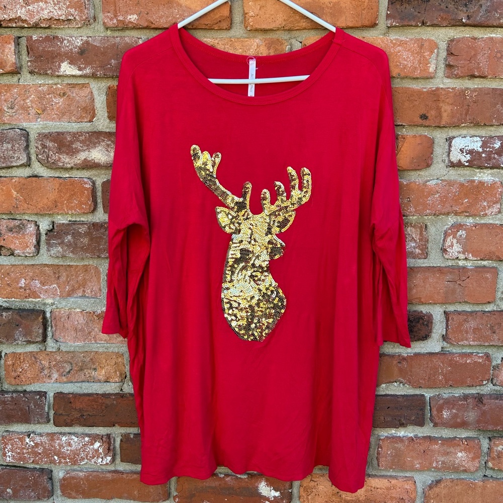 Red Sequin Reindeer Women's Top Tunic Stretchy Dolman Sleeves M Holiday